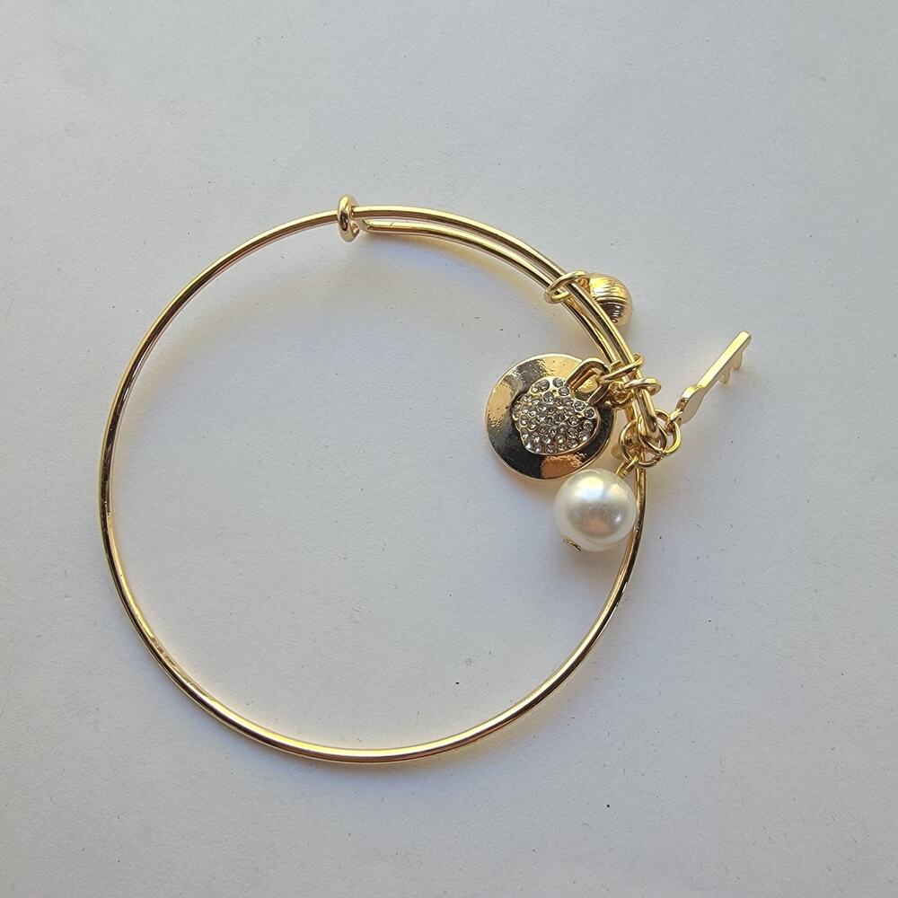 Gold Bangle Charm Bracelet Initial J Pearl Heart Key Rhinestone Love Gift Set